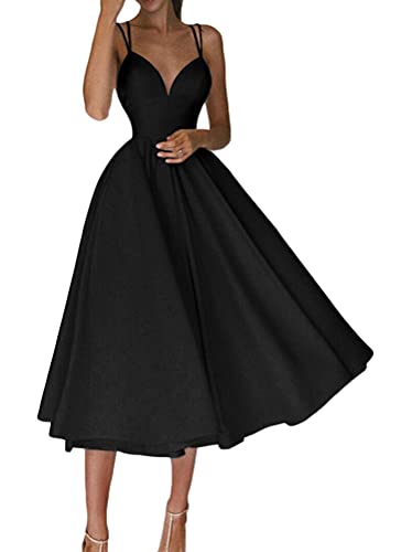 Minetom Damen A-Linie Elegant Festlich Abendkleid Rockabilly Party Cocktailkleid V-Ausschnitt Ärmellos Hochzeit Midi Kleid Swing Kleider B Schwarz XS von Minetom