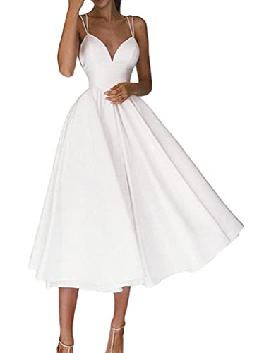 Minetom Damen A-Linie Elegant Festlich Abendkleid Rockabilly Party Cocktailkleid V-Ausschnitt Ärmellos Hochzeit Midi Kleid Swing Kleider B Weiß L von Minetom