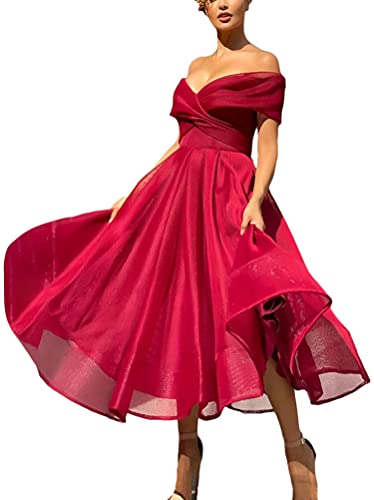 Minetom Damen A-Linie Elegant Festlich Abendkleid Rockabilly Party Cocktailkleid V-Ausschnitt Schulterfrei Hochzeit Midi Kleid Swing Kleider C Rot L von Minetom