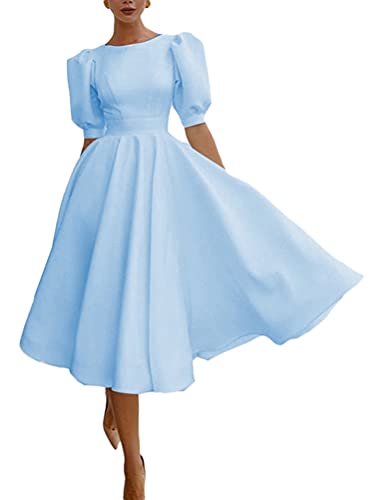 Minetom Damen A-Linie Elegant Festlich Abendkleid Rockabilly Party Cocktailkleid Vintage Hochzeit Kurzarm Midi Kleid Swing Kleider A Blau XL von Minetom