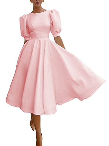 Minetom Damen A-Linie Elegant Festlich Abendkleid Rockabilly Party Cocktailkleid Vintage Hochzeit Kurzarm Midi Kleid Swing Kleider A Rosa M von Minetom