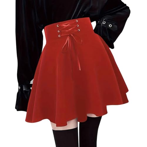Minetom Damen A-Linie Rock Gothic High Waist Plissee Plaid Flare Short Mini Skater Rock Mit Schnüren Schulmädchen Anime Rock A Rot M von Minetom