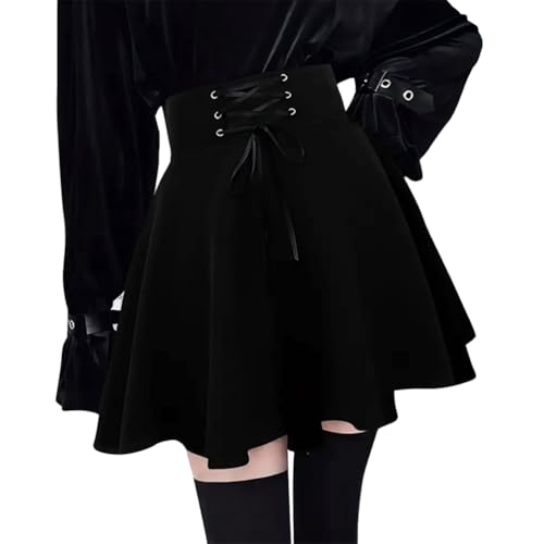 Minetom Damen A-Linie Rock Gothic High Waist Plissee Plaid Flare Short Mini Skater Rock Mit Schnüren Schulmädchen Anime Rock A Schwarz XS von Minetom