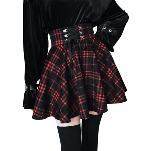 Minetom Damen A-Linie Rock Gothic High Waist Plissee Plaid Flare Short Mini Skater Rock Mit Schnüren Schulmädchen Anime Rock B Rot XXL von Minetom
