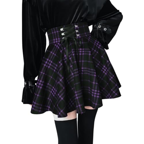 Minetom Damen A-Linie Rock Gothic High Waist Plissee Plaid Flare Short Mini Skater Rock Mit Schnüren Schulmädchen Anime Rock B Violett S von Minetom