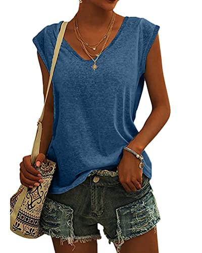 Minetom Damen Ärmellos T-Shirt V-Ausschnitt Elegant Flügelärmeln Oberteile Bluse Sommer Casual Lose Shirts Basic Einfarbige Tops Klamotten Tank Top Frauen Schwarz Weiß Grau Kleidung A Blau L von Minetom