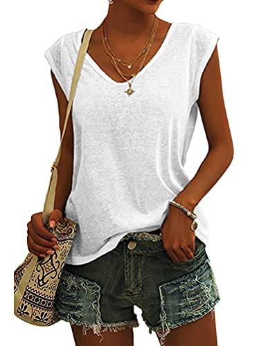 Minetom Damen Ärmellos T-Shirt V-Ausschnitt Elegant Flügelärmeln Oberteile Bluse Sommer Casual Lose Shirts Basic Einfarbige Tops Klamotten Tank Top Frauen Schwarz Weiß Grau Kleidung A Weiß XXL von Minetom