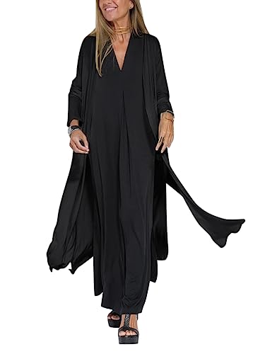 Minetom Damen Ärmellos V-Ausschnitt Kleider Mit Lange Cardigan Boho Sommerkleid Mit Schlitz Maxikleid Strandkleid Partykleid Abendkleid Cocktailkleid A Schwarz XXL von Minetom