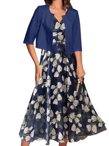 Minetom Damen Abendkleider Für Hochzeit Blumen Cocktailkleid V Ausschnitt A-Line Dünner Festliche Blumendruck Midi Kleid Mit Boleros C Blau XXL von Minetom