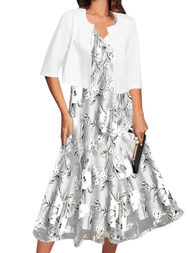 Minetom Damen Abendkleider Für Hochzeit Blumen Cocktailkleid V Ausschnitt A-Line Dünner Festliche Blumendruck Midi Kleid Mit Boleros C Grau 3XL von Minetom