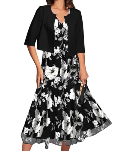 Minetom Damen Abendkleider Für Hochzeit Blumen Cocktailkleid V Ausschnitt A-Line Dünner Festliche Blumendruck Midi Kleid Mit Boleros C Schwarz XXL von Minetom