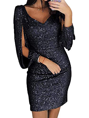 Minetom Damen Abendkleider Sexy V-Ausschnitt Cocktailkleid Glänzend Hoch Maxikleider Für Hochzeit Festlich Schwarz DE 38 von Minetom