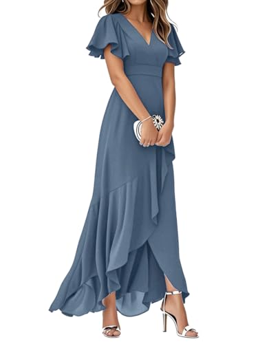 Minetom Damen Abendkleider V-Ausschnitt Kurze Ärmel Hohe Taille A-Linie Chiffon Hi-Lo Brautjungfernkleid Elegant Lang Ballkleid A Blau XL von Minetom