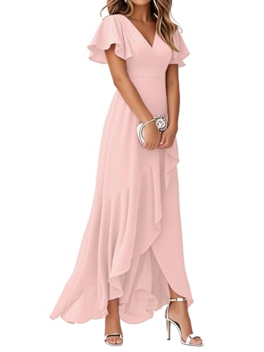 Minetom Damen Abendkleider V-Ausschnitt Kurze Ärmel Hohe Taille A-Linie Chiffon Hi-Lo Brautjungfernkleid Elegant Lang Ballkleid A Hellrosa M von Minetom