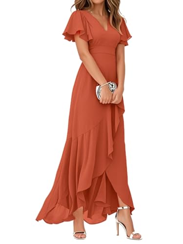 Minetom Damen Abendkleider V-Ausschnitt Kurze Ärmel Hohe Taille A-Linie Chiffon Hi-Lo Brautjungfernkleid Elegant Lang Ballkleid A Orange M von Minetom
