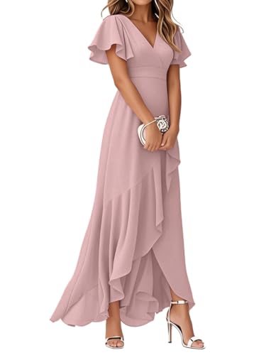 Minetom Damen Abendkleider V-Ausschnitt Kurze Ärmel Hohe Taille A-Linie Chiffon Hi-Lo Brautjungfernkleid Elegant Lang Ballkleid A Rosa S von Minetom