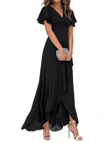 Minetom Damen Abendkleider V-Ausschnitt Kurze Ärmel Hohe Taille A-Linie Chiffon Hi-Lo Brautjungfernkleid Elegant Lang Ballkleid A Schwarz XL von Minetom