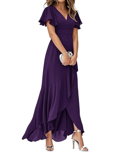 Minetom Damen Abendkleider V-Ausschnitt Kurze Ärmel Hohe Taille A-Linie Chiffon Hi-Lo Brautjungfernkleid Elegant Lang Ballkleid A Violett M von Minetom