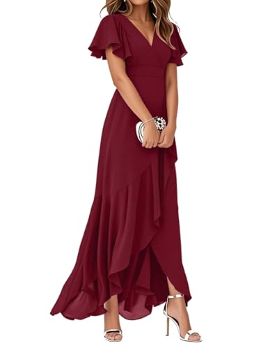 Minetom Damen Abendkleider V-Ausschnitt Kurze Ärmel Hohe Taille A-Linie Chiffon Hi-Lo Brautjungfernkleid Elegant Lang Ballkleid A Weinrot L von Minetom