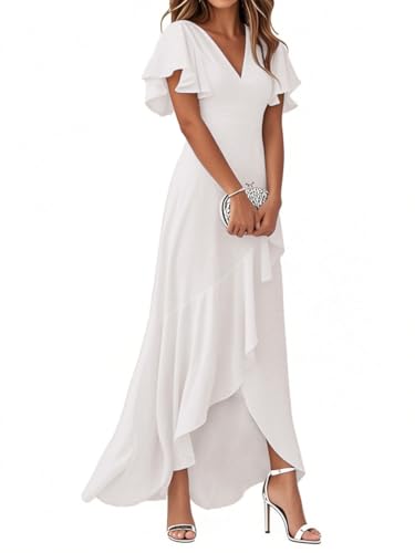 Minetom Damen Abendkleider V-Ausschnitt Kurze Ärmel Hohe Taille A-Linie Chiffon Hi-Lo Brautjungfernkleid Elegant Lang Ballkleid A Weiß XL von Minetom