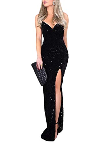 Minetom Damen Abendkleider V-Ausschnitt Sexy Cocktailkleid Hochzeit Maxikleid Glänzend Pailletten Hoch Partykleid Ärmellos Spaghetti Langes Kleid Schwarz 34 von Minetom