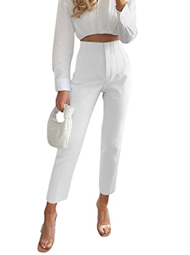 Minetom Damen Anzughose Elegant Elastische Stretch Straight Casual Freizeithose Stretch Büro Geschäft Hose mit Taschen Weiß M von Minetom
