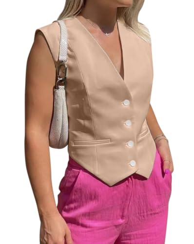 Minetom Damen Anzugweste V-Ausschnitt Business Freizeit Weste Tank Top Elegant Slim Fit Ärmellos Blazer Jacke mit Knöpfe F Khaki M von Minetom