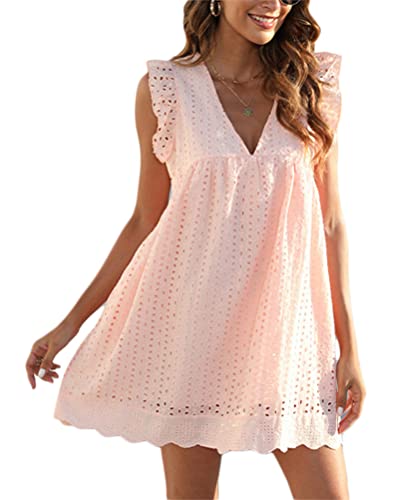 Minetom Damen Aska Kleid Integrierte Shorts Elegant Rüschen Kleider California Stramplerkleid Integriertem Shorts Sommer V-Ausschnitt Minikleid Freizeit Kleid mit Taschen A Rosa M von Minetom