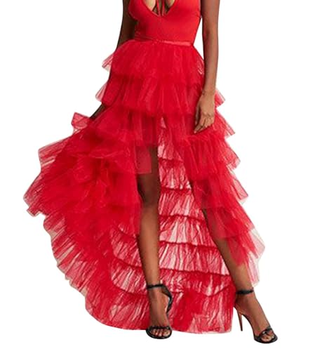 Minetom Damen Asymmetrisch Langer Tüllrock Hoher Bund Midirock Mesh Saum Langer Rock Party Cocktail Prom Bandage Maxi Rock A Rot One Size von Minetom