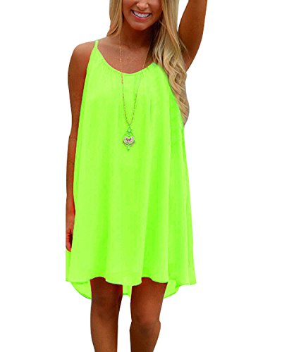 Minetom Damen Attraktiv Neon Hell Sommerkleid Minikleid Casual Doppel Schulterriemen Chiffon Rock Partykleid Dress (DE 48, Grün Fluo) von Minetom