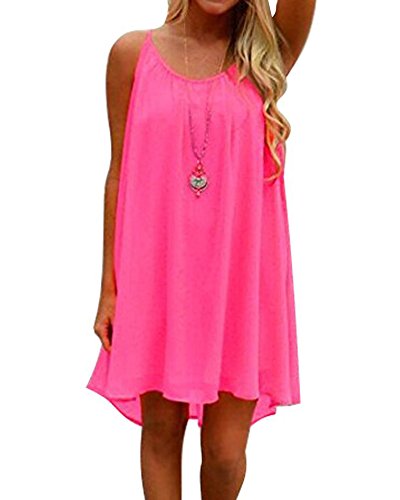 Minetom Damen Attraktiv Neon Hell Sommerkleid Minikleid Casual Doppel Schulterriemen Chiffon Rock Partykleid Dress Rosa Fluo DE 38 von Minetom