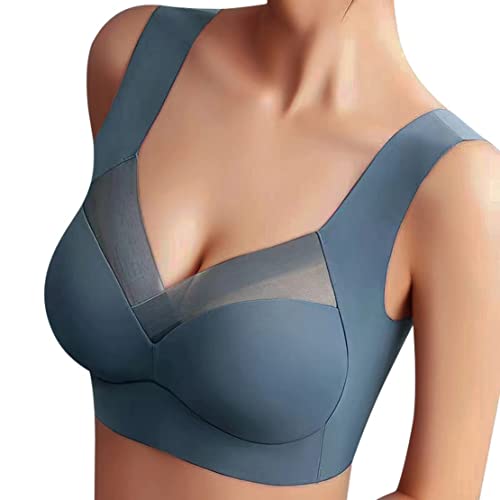 Minetom Damen BH Ohne Bügel Nahtlose Bustier Push Up Bralette Unterhemd V Ausschnitt Atmungsaktiv Bügelloser Sport Yoga Unterwäsche Top C Blau M von Minetom