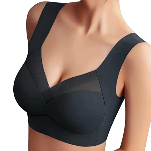 Minetom Damen BH Ohne Bügel Nahtlose Bustier Push Up Bralette Unterhemd V Ausschnitt Atmungsaktiv Bügelloser Sport Yoga Unterwäsche Top C Schwarz L von Minetom