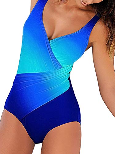 Minetom Damen Badeanzug EIN Stück Push Up Monokini Figurformend Schwimmanzug Bademode Strandmode Bandeau Sexy Farbverlauf Drucke Sommer Badebekleidung (42, Grün Blau) von Minetom