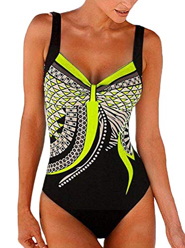 Minetom Damen Badeanzug EIN Stück Push Up Monokini Figurformend Schwimmanzug Bademode Strandmode Bandeau Sexy Farbverlauf Drucke Sommer Badebekleidung Gelb DE 42 von Minetom