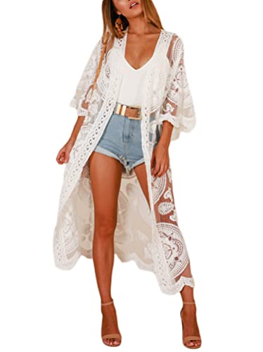 Minetom Damen Badeanzug Kimono Langes Strandkleid Blumenmuster Spitze Badeanzug Bikini Cover Up Sommer Strand Pareos Cardigan B Weiß Einheitsgröße von Minetom