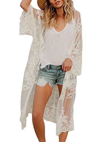 Minetom Damen Badeanzug Kimono Langes Strandkleid Blumenmuster Spitze Bikini Cover Up Sommer Strand Pareos Cardigan C Weiß Einheitsgröße von Minetom