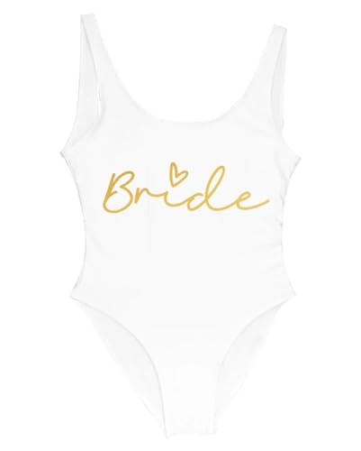 Minetom Damen Badeanzug Team Braut Monokinis Bauchweg Einteilige Junggesellenabschied Brautjungfer Bademode Strand Swimsuit Rückenfrei Badeanzüge Badebekleidung A Weiß 2 L von Minetom