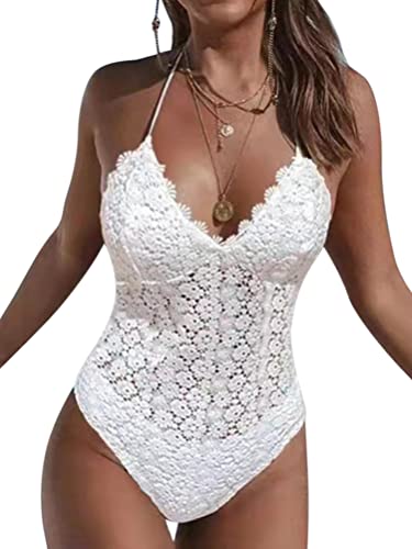 Minetom Damen Badeanzug V Ausschnitt Bademode Bauchweg Einteiliger Badeanzüge Swim Suit Monokini Strandmode D Weiß L von Minetom