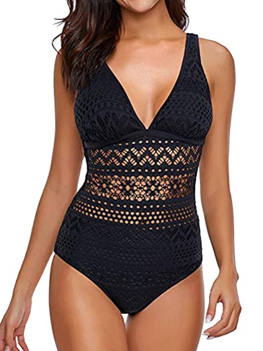 Minetom Damen Badeanzug V Ausschnitt Bademode Bauchweg Einteiliger Sexy Push Up Badeanzüge Swim Suit Monokini Strandmode C Schwarz XS von Minetom