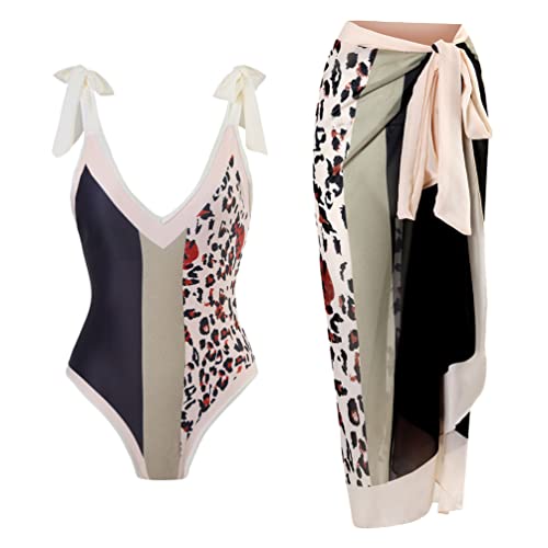 Minetom Damen Badeanzug V Ausschnitt Monokinis Bauchweg Einteilige Tankini Bademode Swimsuit Strand Wrap Sarong Pareo Zweiteilig Badeanzug Und Wickelrock 2 Stück A Khaki XL von Minetom