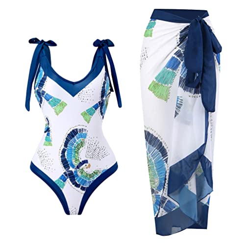 Minetom Damen Badeanzug V Ausschnitt Monokinis Bauchweg Einteilige Tankini Bademode Swimsuit Strand Wrap Sarong Pareo Zweiteilig Badeanzug Und Wickelrock 2 Stück A Weiß L von Minetom