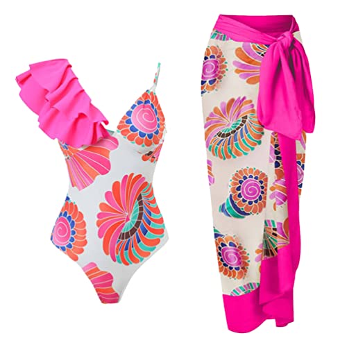 Minetom Damen Badeanzug V Ausschnitt Monokinis Bauchweg Einteilige Tankini Bademode Swimsuit Strand Wrap Sarong Pareo Zweiteilig Badeanzug Und Wickelrock 2 Stück G Rose L von Minetom