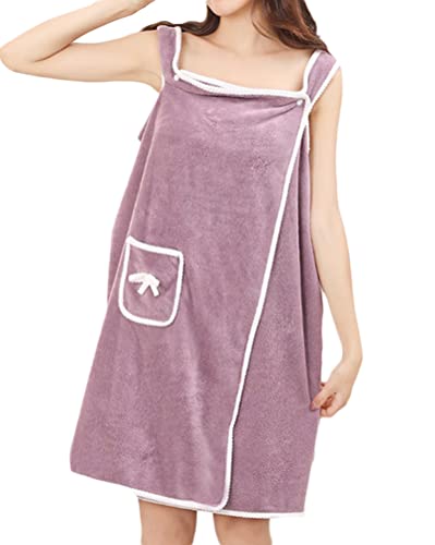 Minetom Damen Bademantel Badetuch Strandtuch Nachtwäsche Kleid Frauen Verstellbarer Wrap Weiche Tragbare Baderock für Sauna Spa Dusche mit Tasche B Violett Einheitsgröße von Minetom