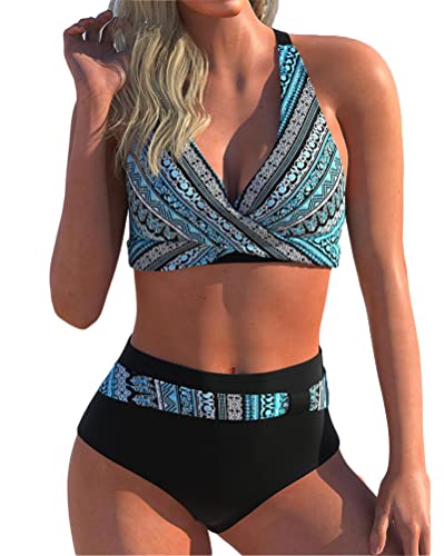 Minetom Damen Bademode Push Up Sexy Bikini Set Zweiteilige Badeanzug Strandkleidung Boho Cross Back Strand Oberteil Bikinihose Triangel High Waist Swimsuit A Blau 3XL von Minetom