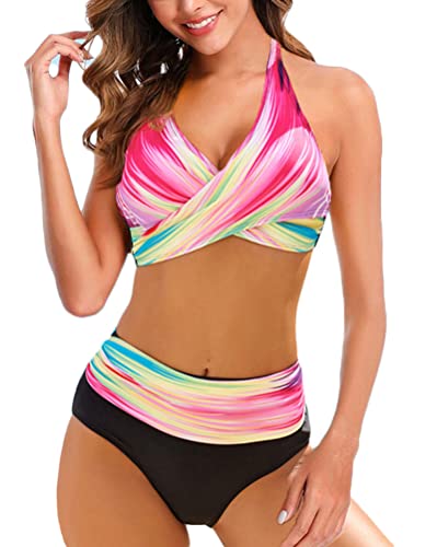 Minetom Damen Bademode Push Up Sexy Bikini Set Zweiteilige Badeanzug Strandkleidung Strand Oberteil Bikinihose Druck High Waist Swimsuit D Rosa M von Minetom