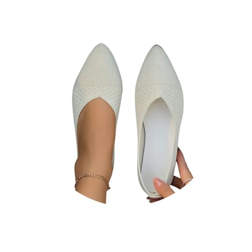 Minetom Damen Ballerina Flache Schuhe Spitze Zehe Strick Kleid Schuhe Slip On Sommer Walking Flats Loafer Für Frauen Bequem Weich A Beige 37 EU von Minetom