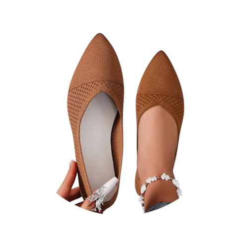 Minetom Damen Ballerina Flache Schuhe Spitze Zehe Strick Kleid Schuhe Slip On Sommer Walking Flats Loafer Für Frauen Bequem Weich A Braun 40 EU von Minetom