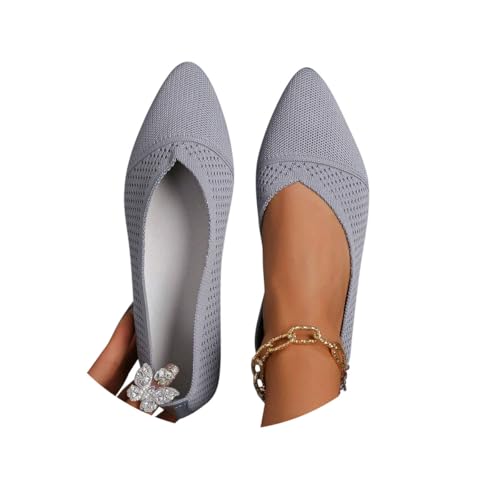 Minetom Damen Ballerina Flache Schuhe Spitze Zehe Strick Kleid Schuhe Slip On Sommer Walking Flats Loafer Für Frauen Bequem Weich A Grau 42 EU von Minetom