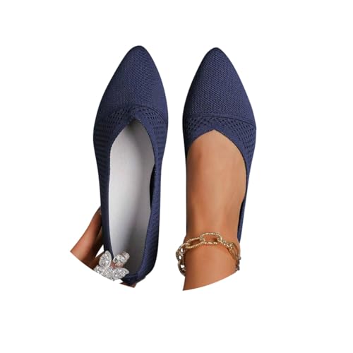 Minetom Damen Ballerina Flache Schuhe Spitze Zehe Strick Kleid Schuhe Slip On Sommer Walking Flats Loafer Für Frauen Bequem Weich A Marine 40 EU von Minetom